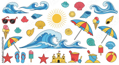 Summer Beach Vacation Icon Set: Waves, Sun, Umbrellas, Ice Cream, Castle, Sunglasses