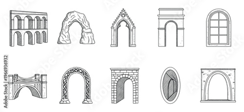 Explore diverse arch structures, various building openings, and unique bridge designs, ideal for architectural historical studies, construction blueprints, and creative education resources.