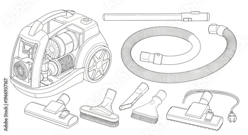 Vacuum Cleaner Parts and Accessories Line Art Illustration