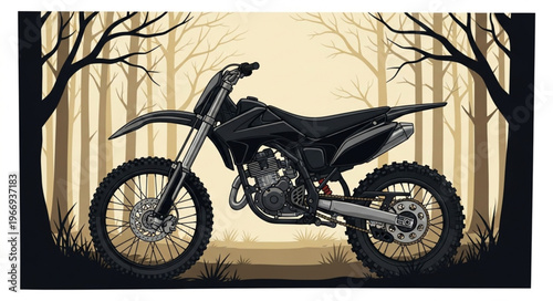 Black dirt bike parked in a forest setting.