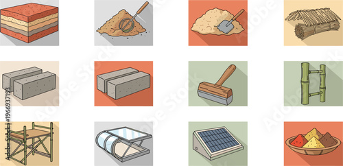 Sustainable Building Materials and Eco Construction Techniques Set Featuring Adobe Layers, Earth Blocks, Bamboo Structure, Solar Roof and Natural Resources Vector Illustration