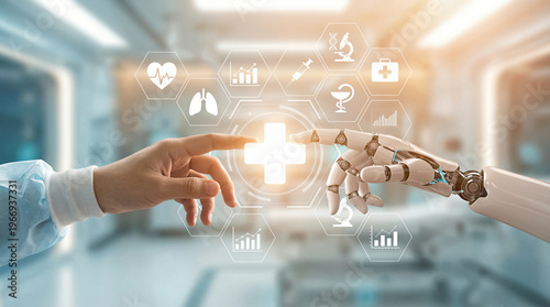 Robotic Hand and Doctor Touching Digital Medical Cross