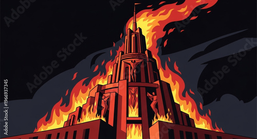 Tower of Babel burning with flames reaching the sky.