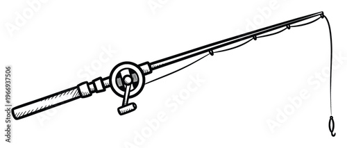 Classic hand drawn fishing rod with reel and line ending in a hook, ready for angling adventures, suitable for outdoor recreation and hobby related themes