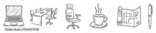 Various office and workplace items including a laptop, meeting table with chairs, ergonomic desk chair, hot coffee mug, architectural plan, and writing pen for corporate business needs.