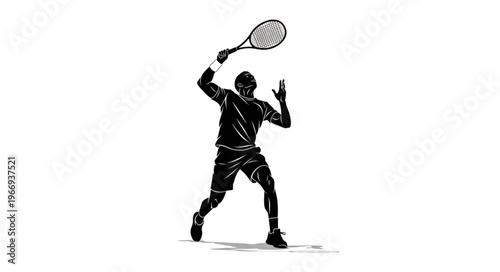 Silhouette of a tennis player hitting a serve during a match.