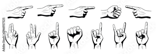 Various hand gestures and finger signs collection providing essential visual communication tools for graphic projects presentations and instructional design.