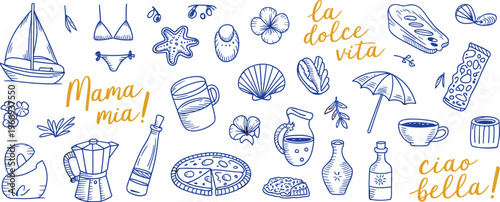 Italian La Dolce Vita Summer Vacation Hand Drawn Doodle Elements Italy mama mia