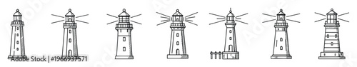 Collection of various hand drawn lighthouse structures providing essential guidance and safety for ships and sea travelers, suitable for maritime themed projects and navigational graphics