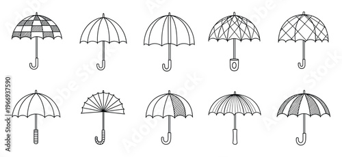 Collection of diverse umbrella outlines offering unique designs for various weatherrelated themes, perfect for graphic resources, weather reports, and seasonal promotional content.