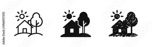 House, Tree, and Sun Icon Set - Home, Nature, Real Estate, Environment, and Ecology Symbols