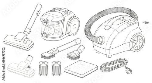 Vacuum Cleaner Set: Appliance, Hose, Attachments, and HEPA Filter for Cleaning