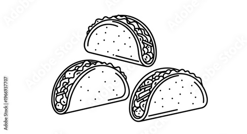 Taco Line Art Illustration: Three Delicious Tacos on White Background