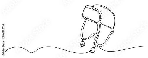 A simple continuous line drawing of a traditional warm ushanka fur hat with ear flaps, perfect for winter fashion themes, clothing accessories promotions, or cold weather apparel web