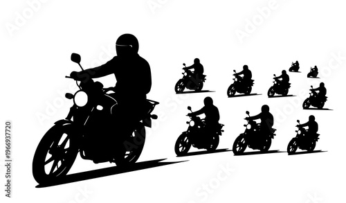Dynamic motorcycle and moped silhouettes urban traffic riders vector illustration scene