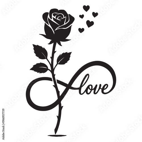 Eternal Blooms: A stylized black rose intertwined with an infinity symbol and the word Love, representing enduring affection and eternal beauty.