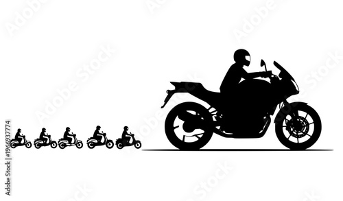 Large motorcycle leading small moped riders silhouette urban traffic vector illustration