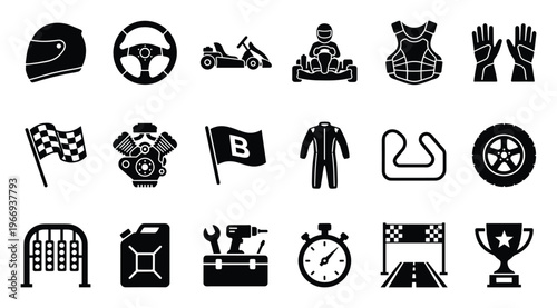 Comprehensive collection of go karting and racing equipment icons for motorsports events, competition graphics, and game development projects
