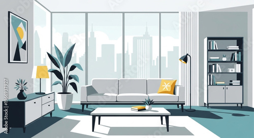 Modern living room interior with large windows and city view.