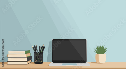 Desk setup with laptop, books, pencils, and a potted plant