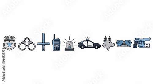 Collection of police-related icons including a badge, handcuffs, baton, radio, siren, car, dog, sunglasses, and gun