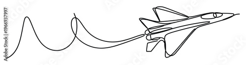 Continuous one line drawing of a powerful jet fighter aircraft soaring upwards, representing speed and progress, suitable for aerospace industry presentations and aviation graphics