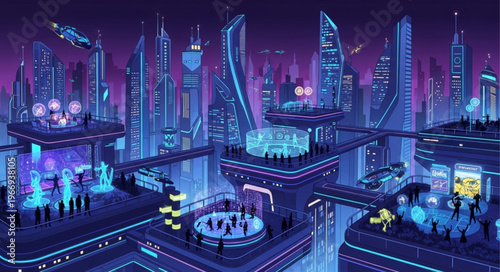 Futuristic Cityscape with Neon Lights and Flying Vehicles.