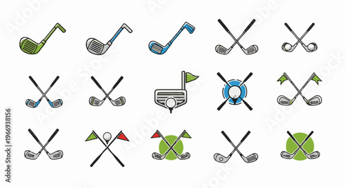 Collection of stylized golf icons featuring clubs, balls, and flags