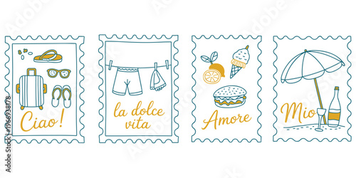 Italian Summer Vacation Icons and Phrases in Stamp Designs Keywords: italian, summer, vacation, holiday, travel, dolce vita