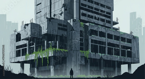 Derelict concrete building with a lone figure standing below.