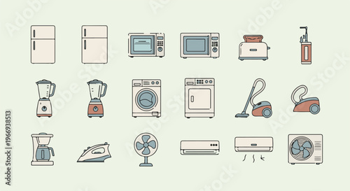 Collection of cartoon-style home appliances, including refrigerators, blenders, microwaves, toasters