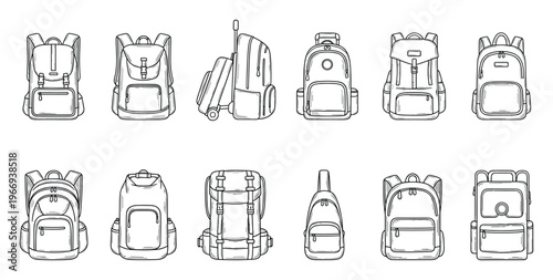 A versatile collection of handdrawn outline illustrations depicting various backpack styles including school bags, travel packs, hiking gear, and sling carriers, useful for educational