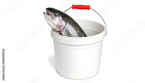 A freshly caught rainbow trout peers out of a white plastic bucket with a red-handled metal bail against a pure white background