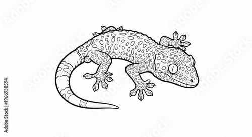 Detailed black and white illustration of a spotted gecko with visible toes
