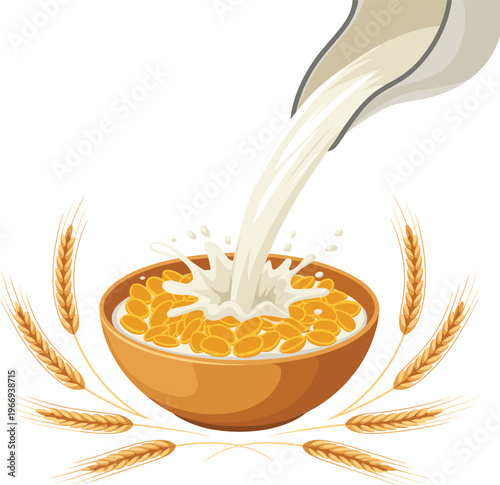 A bowl of cornflakes with milk pouring healthy food vector on white background.