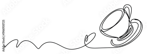 Minimalist single line drawing of a coffee cup with a continuous wavy thread, perfect for caf branding, beverage menus, or elegant kitchen decor.