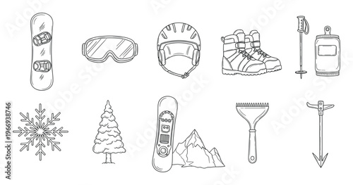 Versatile set of outlined winter sports equipment and accessories including snowboards, helmet, goggles, boots, and seasonal nature elements, ideal for recreation and winter holiday