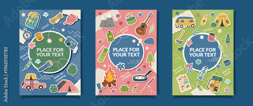 Set of camping posters with travel objects8. Vector flat collection of cards. The concept of travel, camping, hiking, weekend, vacation and outdoor recreation.	