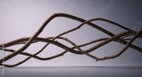 Brown tree branches intertwined in a complex pattern on a gray background for design and decoration