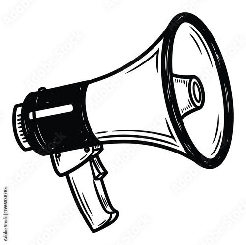 Dynamic black and white megaphone graphic for making a loud statement and getting attention suitable for activism news and advertising campaigns
