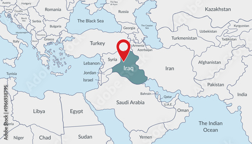 Iraq location on the map with pin location marker3. Vector flat template.
