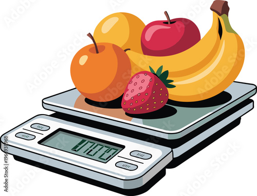 Kitchen scale with fruits and single strawberry weighing scale vector on white background.