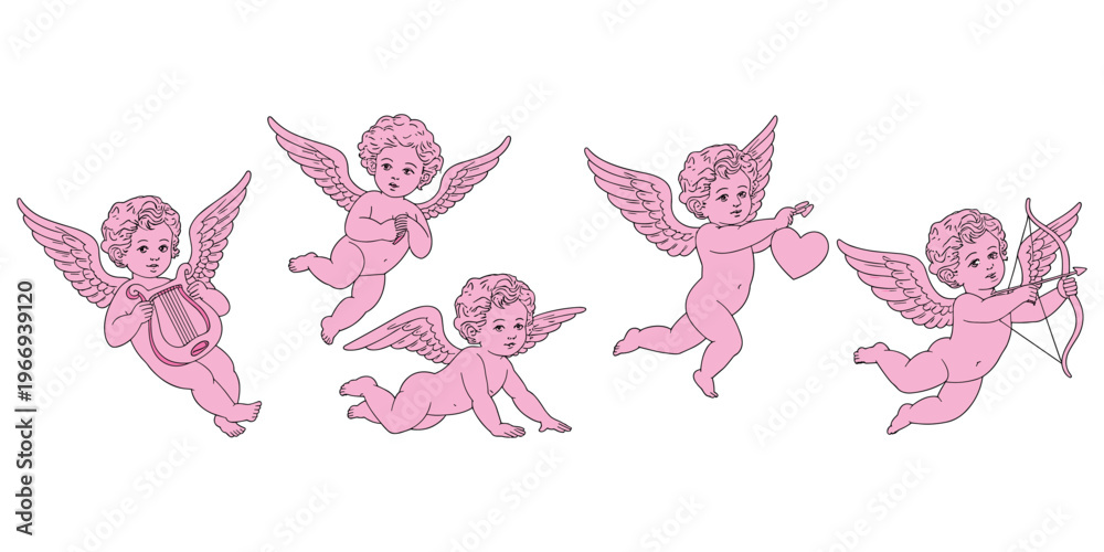Obraz premium Pink Cherubs with Wings Holding Lyre Heart Bow and Arrow Keywords: cherub, angel, cupid, love, heart, wings, pink, baby, flying