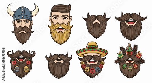 Collection of cartoon faces with elaborate beards and mustaches