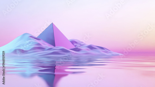 Serene landscape featuring pyramid soft, wavy surface with tranquil water reflection and pastel colors. scene evokes sense