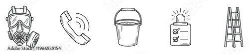 Collection of essential safety and utility tools including a gas mask, ringing telephone, filled bucket, emergency checklist with siren, and a sturdy stepladder, ideal for depicting