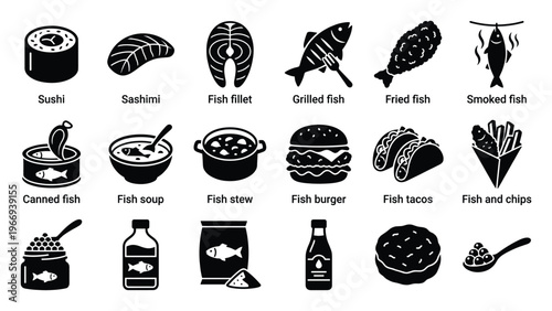 A diverse collection of fish and seafood meal icons showcasing various culinary preparations perfect for restaurant menus, food packaging, or online recipe applications.