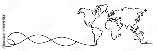 Minimalist continuous line drawing depicting a world map evolving from abstract wavy shapes, suitable for global communication graphics, international business presentations, and