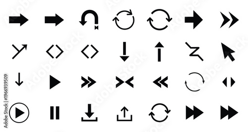 Essential set of black arrow and user interface navigation icons for various digital applications, web design, and graphic projects requiring directional cues or media controls.