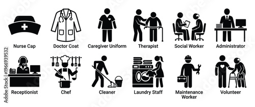 Comprehensive set of healthcare and support staff job roles and uniforms, ideal for depicting essential services and occupational duties in various care facilities or business